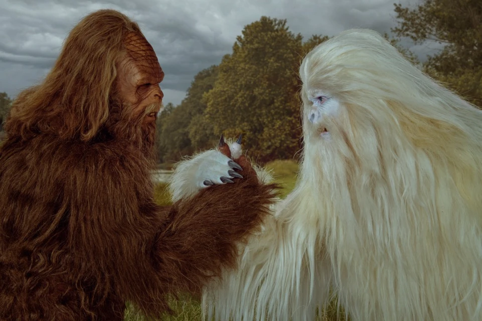 Two large, hairy, ape-like creatures, one brown and the other white, are facing each other in a grassy field against a cloudy sky.